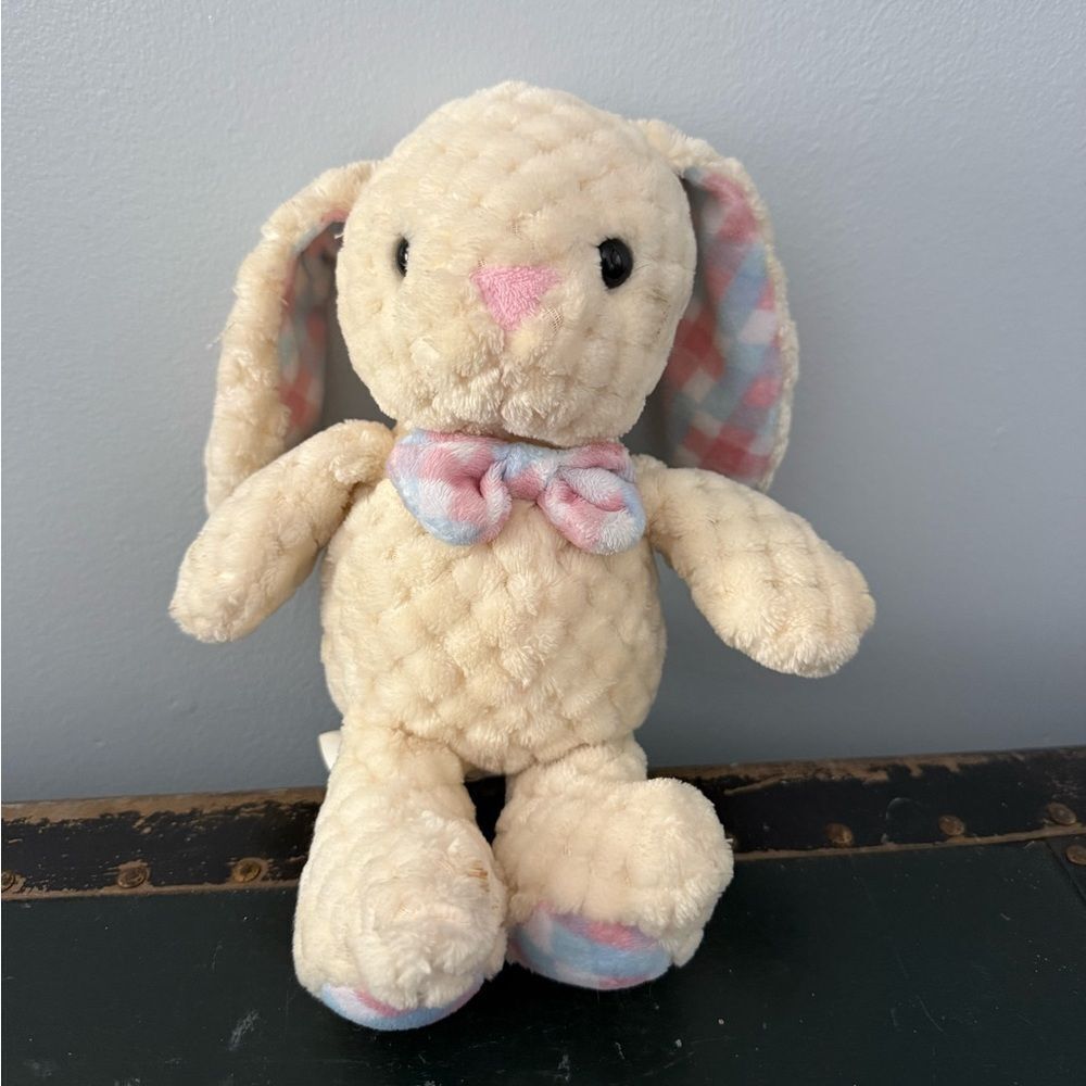 KELLYTOY 10" BUNNY RABBIT cream pink blue  TEXTURED plaid  LOVEY   SOFT PLUSH